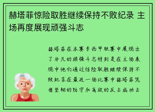 赫塔菲惊险取胜继续保持不败纪录 主场再度展现顽强斗志