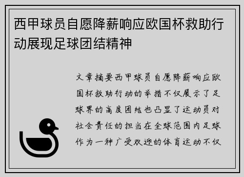 西甲球员自愿降薪响应欧国杯救助行动展现足球团结精神