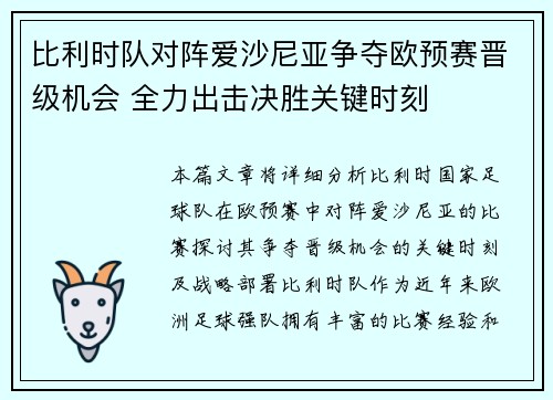 比利时队对阵爱沙尼亚争夺欧预赛晋级机会 全力出击决胜关键时刻