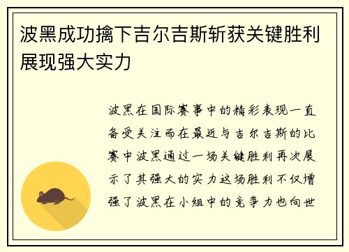 波黑成功擒下吉尔吉斯斩获关键胜利展现强大实力