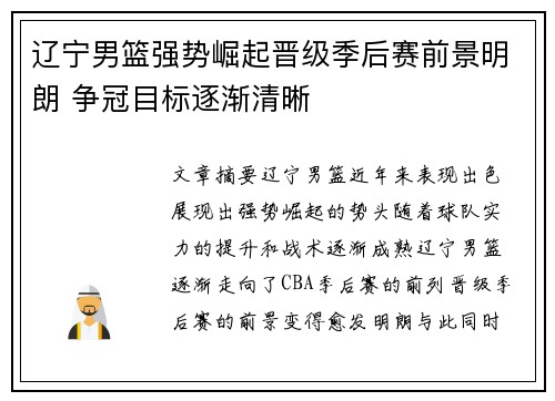 辽宁男篮强势崛起晋级季后赛前景明朗 争冠目标逐渐清晰