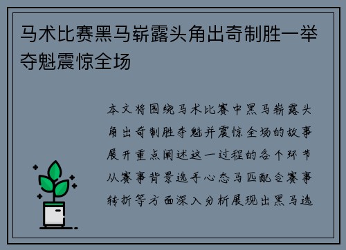 马术比赛黑马崭露头角出奇制胜一举夺魁震惊全场