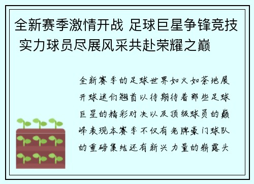 全新赛季激情开战 足球巨星争锋竞技 实力球员尽展风采共赴荣耀之巅