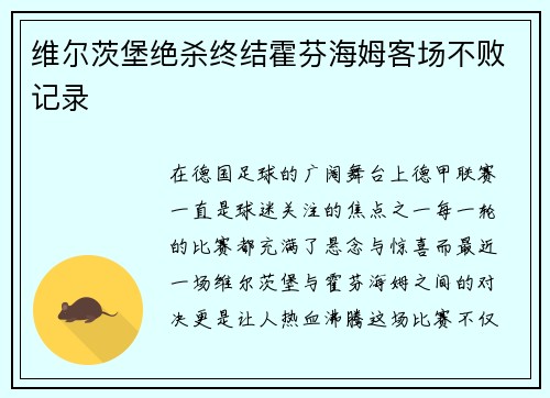 维尔茨堡绝杀终结霍芬海姆客场不败记录
